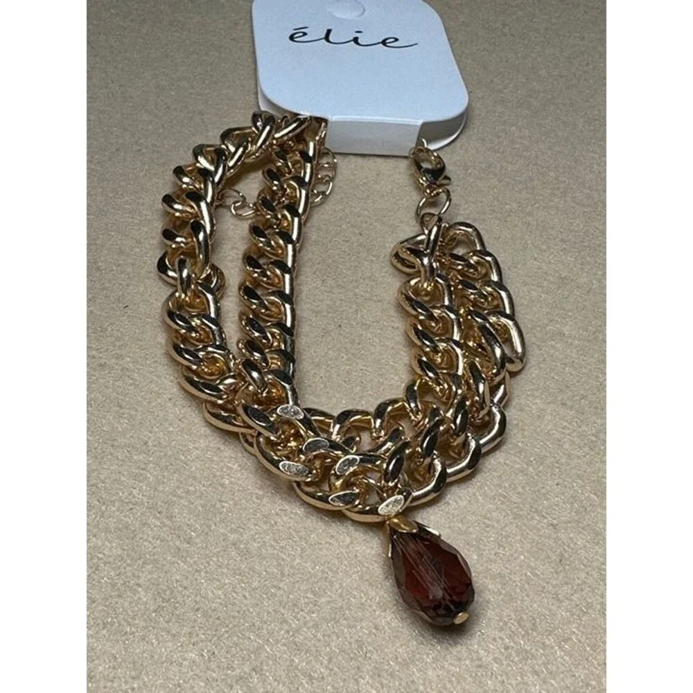 élie Gold Chunky Chain Bracelet Brown Teardrop Charm NWT New Boho Jewelry Gift